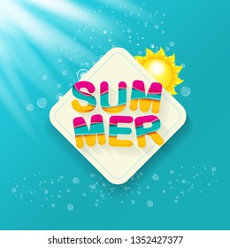 vector special offer summer label design template . Summer sale banner or badge with beautiful sun and calligraphic text on azure background with sun lights