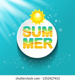vector special offer summer label design template . Summer sale banner or badge with beautiful sun and calligraphic text on azure background with sun lights