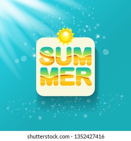 vector special offer summer label design template . Summer sale banner or badge with beautiful sun and calligraphic text on azure background with sun lights