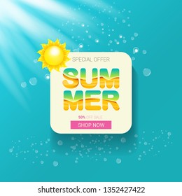 vector special offer summer label design template . Summer sale banner or badge with beautiful sun and calligraphic text on azure background with sun lights