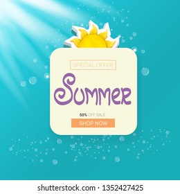 vector special offer summer label design template . Summer sale banner or badge with beautiful sun and calligraphic text on azure background with sun lights