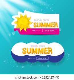 vector special offer summer label design template . Summer sale banner or badge with beautiful sun and calligraphic text on azure background with sun lights