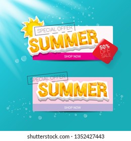 vector special offer summer label design template . Summer sale banner or badge with beautiful sun and calligraphic text on azure background with sun lights