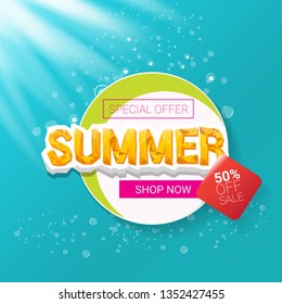 vector special offer summer label design template . Summer sale banner or badge with beautiful sun and calligraphic text on azure background with sun lights