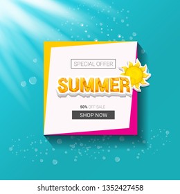 vector special offer summer label design template . Summer sale banner or badge with beautiful sun and calligraphic text on azure background with sun lights