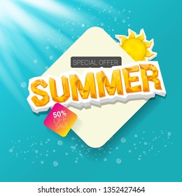 vector special offer summer label design template . Summer sale banner or badge with beautiful sun and calligraphic text on azure background with sun lights