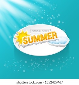 vector special offer summer label design template . Summer sale banner or badge with beautiful sun and calligraphic text on azure background with sun lights