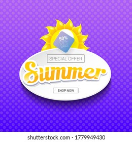 vector special offer summer label design template . Summer sale banner or badge with sun and text on summer violet background 