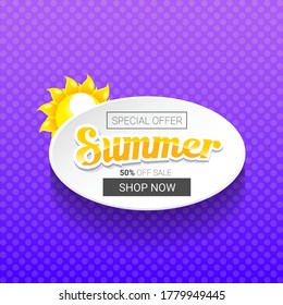vector special offer summer label design template . Summer sale banner or badge with sun and text on summer violet background 
