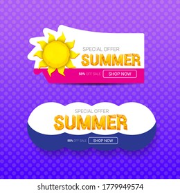 vector special offer summer label design template . Summer sale banner or badge with sun and text on summer violet background 