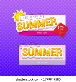 vector special offer summer label design template . Summer sale banner or badge with sun and text on summer violet background 