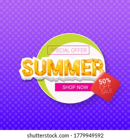 plantilla de diseño de etiquetas de verano para ofertas especiales de vectores. Banner de venta de verano o placa con sol y texto sobre fondo violeta de verano 
