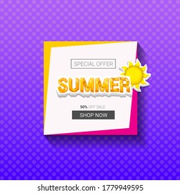vector special offer summer label design template . Summer sale banner or badge with sun and text on summer violet background 