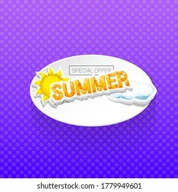 Vektorspezialangebot Sommerlabel Design Vorlage . Sommerverkaufsbanner oder -ausweis mit Sonne und Text auf Sommerviolettem Hintergrund 