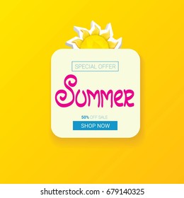 vector special offer summer  label design template . Summer sale banner or badge with beautiful sun and calligraphic text on orange background