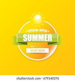 vector special offer summer  label design template . Summer sale banner or badge with beautiful sun and calligraphic text on orange background