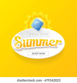 vector special offer summer  label design template . Summer sale banner or badge with beautiful sun and calligraphic text on orange background