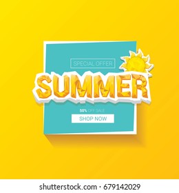 vector special offer summer  label design template . Summer sale banner or badge with beautiful sun and calligraphic text on orange background