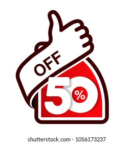 Vector special sale offer. Red tag with best choice. Discount offer price label with hand gesture. Sticker of 50% off.
