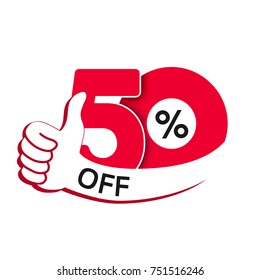 Vector special sale offer. Red tag with best choice. Discount offer price label with hand gesture. Sticker of 50% off.
