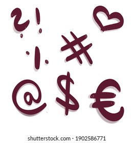 Vector special symbols set: euro, dollar, asterix, question mark, exclamation mark, percentage, at, heart