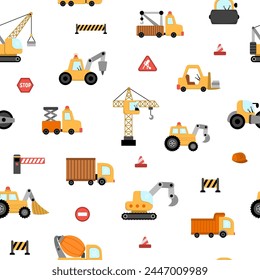 Vector special transport seamless pattern. Construction site, road work, building transport repeat background with bulldozer, tractor, truck. Cute digital paper with repair service vehicles
