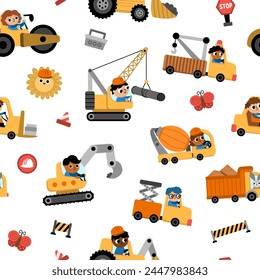 Vector special transport seamless pattern with drivers. Construction site, road work, building transport repeat background with bulldozer, tractor, truck. Cute repair service vehicles texture for kids