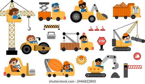 Vector de transporte especial conjunto con conductores. Sitio de construcción, obras viales, construcción de iconos de transporte con bulldozer, tractor, camión, grúa sobre orugas. Ilustraciones de vehículos de servicio de reparación lindo para niños
