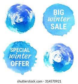 Vector special winter offer, big winter sale labels and shapes on white background. Hand drawn watercolor blue stains set.  