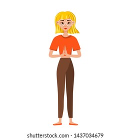 Vector spectacled blonde girl doing yoga, sitting in a lotus pose or padmasana, isolated on white background. Healthy lifestyle concept illustration