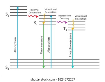 Vector spectroscopy illustration of  Jablonski diagram showing the possible radiative and non-radiative transitions of a molecule between electronic states. Absorption, fluorescence, phosphorescence.