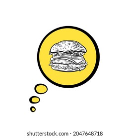 Vector Speech Bubble with Burger in It, Isolated on White Background Retro Style Illustration, Burger Thoughts Concept, Fast Food Illustration.