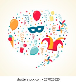 Vector speech bubble with confetti, ribbons, jester hat, mask and other party elements