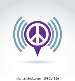 Vector speech bubble with peace symbol from 60th. Podcast sign on antiwar and love theme isolated on white background. Mass media icon.  