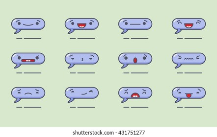 Vector speech bubble set. Set of vector kawaii speech bubble emoticons. Isolated on green background.