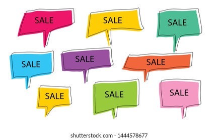 Vector of speech bubble set with text, words. Creative hand drawn doodle. Chat icon collection. Inbox, dialog, talk, communication, thinking, sale, hello, wow, boom symbol can use for banner, print