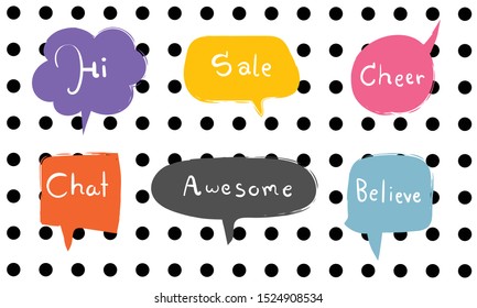 Vector of speech bubble set with text, words. Creative hand drawn doodle. Chat icon collection. Inbox, dialog, talk, communication, thinking, sale, hello, wow, boom symbol can use for banner, print
