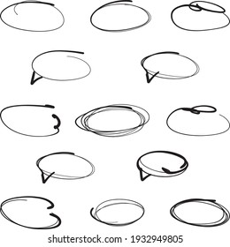 Vector speech bubbles. Abstract Sketch oval frames. Doodle ellipse, round hand drawn frame and circled doodles. Oval brush or highlighter handwritten circle shapes isolated vector symbols set.  