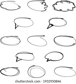 Vector speech bubbles. Abstract Sketch oval frames. Doodle ellipse, round hand drawn frame and circled doodles. Oval brush or highlighter handwritten circle shapes isolated vector symbols set.  