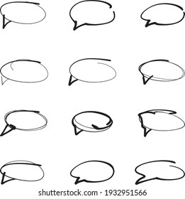 Vector speech bubbles. Abstract Sketch oval frames. Doodle ellipse, round hand drawn frame and circled doodles. Oval brush or highlighter handwritten circle shapes isolated vector symbols set.  