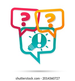 vector speech bubbles with colored question marks and with green light bulb symbolizing idea or solution