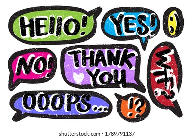 Vector Speech Bubbles Doodle Style. Hand Drawn Call Outs With Various Words. Marker Drawn Messages And Exclamations.