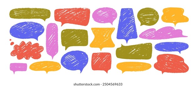 Vector speech bubbles drawn with charcoal or crayon. Color charcoal doodle speech bubbles, comic talk balloon with cute texture. Hand drawn kid's style pencil dialog balloon, various text clouds.