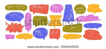 Vector speech bubbles drawn with charcoal or crayon. Color charcoal doodle speech bubbles, comic talk balloon with cute texture. Hand drawn kid's style pencil dialog balloon, various text clouds.