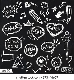 Vector speech bubbles illustration, doodles with Lettering, Shooting Stars, and Swirls- hand-drawn illustration design elements on chalkboard for your design