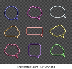 Vector Speech Bubbles, Neon Frames Isolated on Dark Transparent Background, Different Colors and Shapes, Comic Style Design Elements, Line Art.