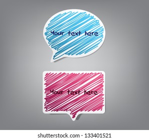 Vector speech bubbles paper stickers with scribble design background, hand drawn frames. For websites or business design