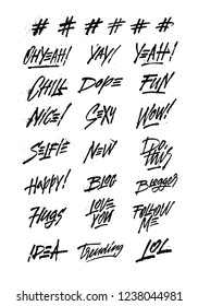 Vector speech bubbles with phrases Blog, Blogger. Hand drawn speech bubbles, blog label in grunge style with hashtag. Social media icons set.