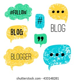 Vector Speech Bubbles With Phrases Blog, Blogger. Hand Drawn Speech Bubbles, Blog Label In Grunge Style With Hashtag. Social Media Icons Set.