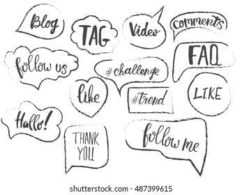 Vector speech bubbles with phrases Blog, Tag, like, trend, challenge, faq. Hand drawn speech bubbles, blog label in grunge style with hashtag. Social media icons set. Follow us, follow me.
